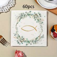 Cirelle 20张/40张/60张，圣餐餐巾，洗礼餐巾，坚信礼餐巾，鱼形桉树图案，适用于坚信礼、初领圣餐、餐桌装饰、派对、生日、婚礼等场合。 - 查看 7