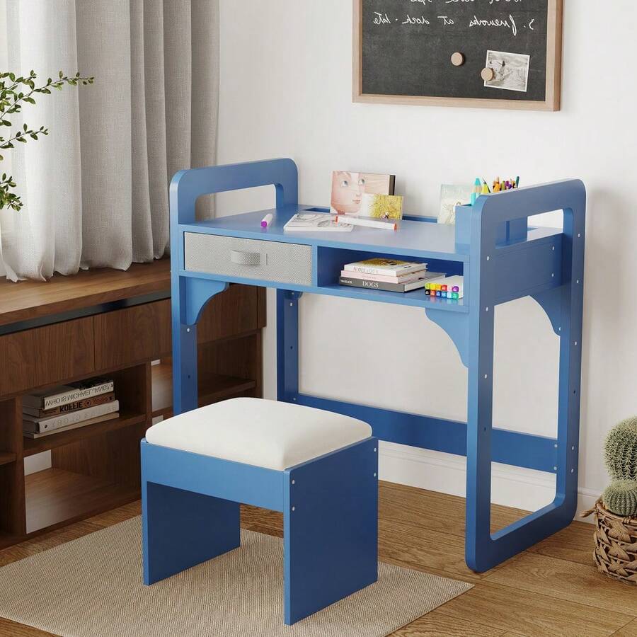 Huisuilinss Kids Desk And Chair Set,Children Study Table,Wood Kids Writing Table,Child Study Desk With Cloth Drawers And Pen Holder For Boys And Girl - Blue - View 1