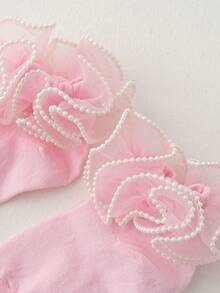 1 Pair Cotton Girls' Pearl & Sequin Lace Trim Dance Socks, Elegant Princess Style Breathable Short Socks, Spring/Summer - Pink - View 3