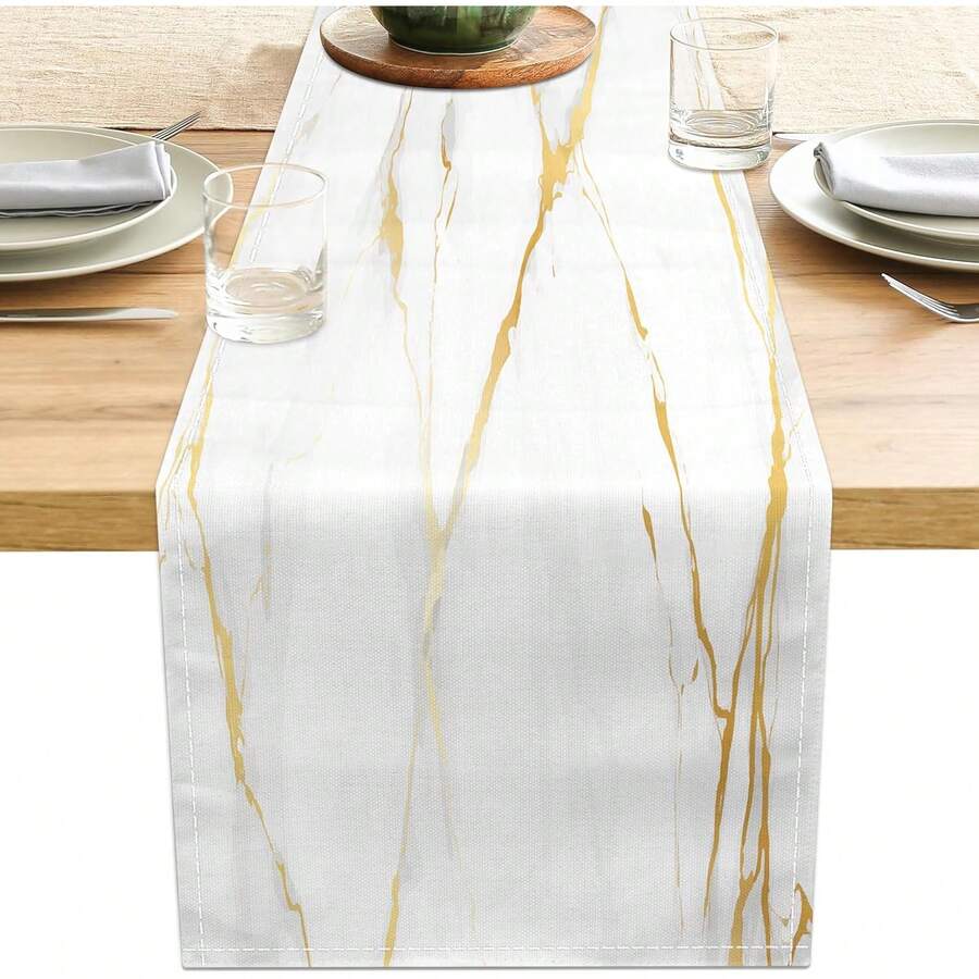 Platinum Marble Linen Table Runner, Bedroom Coffee Vanity Dresser Scarf, Farmhouse Style Table Runner, Kitchen Dining Table Party - Multicolor - View 1