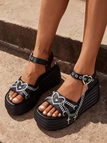 New Black Summer Slope Heel Shoes For Woman Thick Bottom Women's Punk Fashion Sandals For Women Casual Slippers Comfortable Shoes Women's Gothic Style Cross Chain Detail Platform Sandals Summer Shoes - màu đen - Xem 3