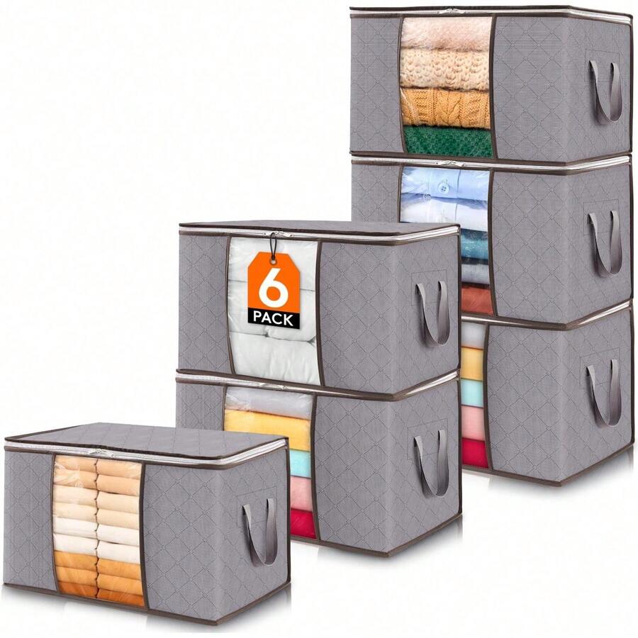 6 Pack Clothes Storage, Foldable Storage And Organization, Storage Bins With Lids, Blanket Storage , Closet Storage With Reinforced Handles For Clothing, Bedding. - View 1