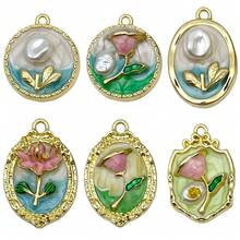 2/6件套精美花朵珐琅吊坠，圆形花朵项链吊坠耳环饰品，适用于珠宝制作、手链、项链、耳环、钥匙扣等DIY工艺品 - 彩色 - 查看 6