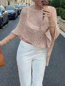 FOR BEAUTY Women's Summer New Knit Top, Casual Style, Apricot Solid Color Loose Off-Shoulder Cover-Up, Bohemian Style, Suitable For Beach And Vacation - Warm Apricot - View 4