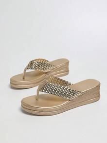 女士夏季编织人字拖凉鞋，舒适柔软鞋底，轻便耐穿，适合日常、度假、休闲场合，百搭的套脚凉鞋，可搭配连衣裙、裤装、人字拖，旅行必备 - 金色 - 查看 4