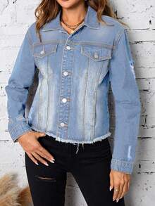 Chaqueta vaquera corta de inspiración vintage para mujer, abrigo vaquero de manga larga con botones, cuello y bolsillos para un estilo casual de otoño. - Azul - Ver 2