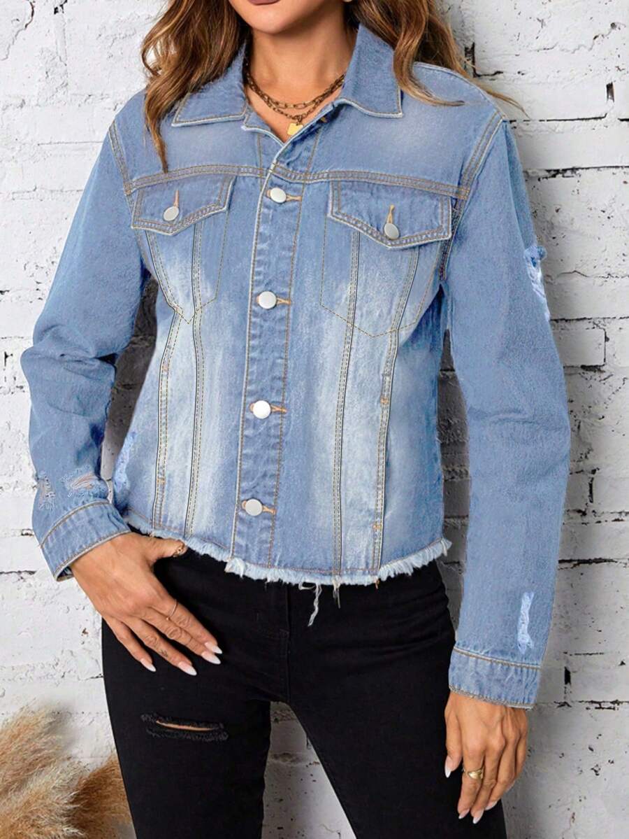 Women's Long Sleeve Denim Jacket With Ripped Pockets And Washed Finish - Màu xanh lam - Xem 1