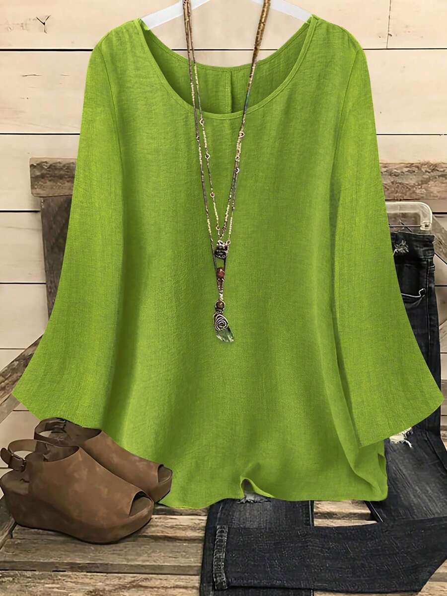 YFY Women's Casual Western Style Solid Color Round Neck Long Sleeve Flared Cuff Shirt, Soft & Lightweight Polyester Fabric, Suitable For Spring/Summer Everyday Wear & Loungewear - Yellow-green - View 1