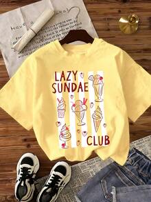 Set de 2 piezas con parte superior y shorts a cuadros para niña (corte aleatorio), conjunto de shorts con estampado creativo, suave y cómodo, adecuado para uso diario en primavera/verano - Amarillo - Ver 4