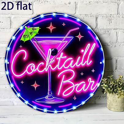 1pc 2D Flat - Retro Style Iron Cocktail Bar Sign - Neon Light, 2D Flat Round Metal Wall Decor With Martini Glass And Umbrella Design, Suitable For Home, Bar, Cafe, Garage, Outdoor Wall Decor, 7.87" - 20cm, Cafe Decor | Retro Cocktail Theme | Metal Wall Art, Cocktail Bar Decor, Pre-Drilled Holes As Shown In Size Chart