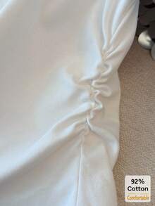 夏季字母印花短袖T恤，侧边褶皱设计，复古时尚露脐上衣，独特潮流款式 - 白色 - 查看 9