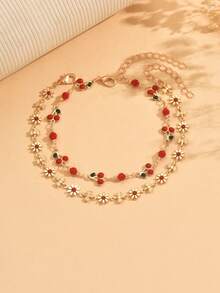 2pcs/Set Cute Enamel Cherry Anklet, Handmade Floral Foot Jewelry For Women, Suitable For Daily Wear, Beach, Date, Party - Multicolor - View 2