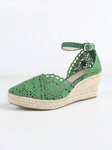 Women's Linen Rope Platform Lace Slip-On Hollow Out Round Toe Casual Breathable Thick Bottom High Heel Woven Sandals, Versatile Fisherman Sandals - Green - View 7