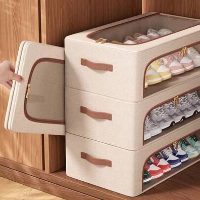 1pc Foldable Storage Box With Lid, Large Capacity Under-Bed Storage Box, Multi-Function Drawer-Style Shoe Cabinet, Clothes Storage Box, Shoe Storage Box, Foldable Storage Box, Wardrobe Organizer Box, Suitable For Storing Shoes, Jeans, With Handles On Both Sides, Dust-Proof And Moisture-Proof, Fully Utilize Underbed Space. Space-Saving, Can Also Be Used As A Storage Box On Top Of Cabinets, Suitable For Seasonal Storage. This Is A Space-Saving Storage Box, An Essential Item.