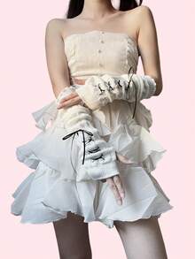 1双甜美可爱芭蕾舞风格系带臂套，针织白色半指手套袖套，洛丽塔公主风臂套，适合约会/日常穿着 - 251#白+粉絲帶 - 查看 16