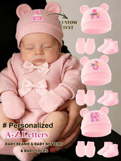 1 Set Customized Text & Letter Print Pink Newborn Baby Hat Set, A-Z Butterfly Letter Options Suitable For 0-6 Months, Ideal For Holiday Gifts And All Seasons Wear