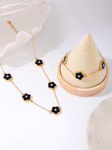 2件套 时尚百搭优雅金属花朵四叶草水钻首饰套装 - 项链和手链 - 黑色 - 查看 2