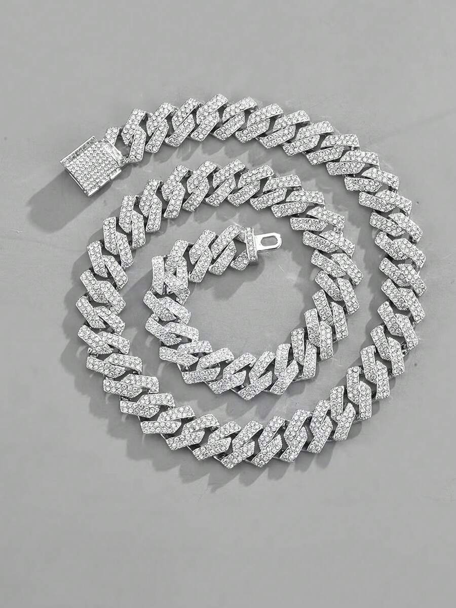 Rhinestone Chain Necklace - Silver - View 1