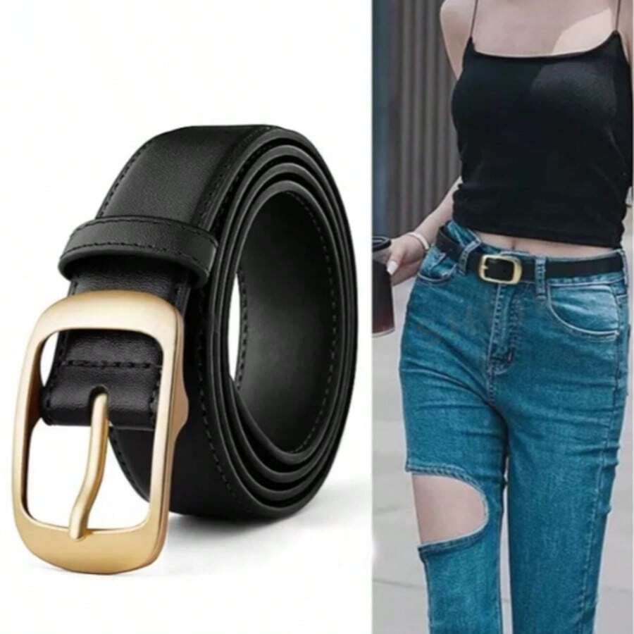 1条女士休闲商务时尚百搭腰带，适合日常搭配牛仔裤和休闲裤 - 黑色 - 查看 1
