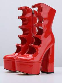 Fashion Womens Short Boots Round Toe Cut-Out Platform Chunky Heel Buckle Straps Ankle Boots Party Club Dressy Occasions Footwear - 紅色 - 查看 7