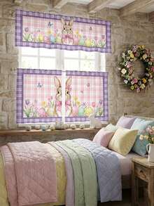 1/2/3 piezas - Cenefa de ventana a cuadros de Pascua, cortina corta con estampado floral de huevos de conejo, cenefa de estilo campestre de Pascua, decoración de ventana de poliéster para cocina y dormitorio - Ver 2