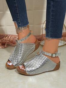 新款春夏时尚学生户外坡跟沙滩凉鞋，厚底，缝线细节（鞋带可拆卸调节），旅行必备 - 銀色 - 查看 2