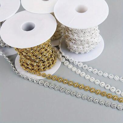 1pc 1.0cm/0.39in Width Elegant Double Line Plastic Rounded Flower With Rhinestones Beaded Chain Trim Garland For Sewing Bridal Dress Decor Weddings Party Home Decor, DIY Creative Decorations, Jewelry Making Kits (91cm/35.8in Per Pack)