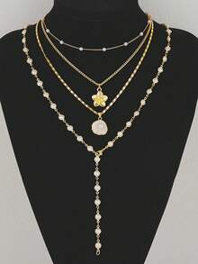 4pcs/Set Fashionable Minimalist Bohemian Shell Flower & Faux Pearl Y-Necklace Set, Bridal Necklace, Bridal Fashion Jewelry, Suitable For Vacation, Date, Party, Gift, Wedding And Daily Wear - Multicolor - View 2