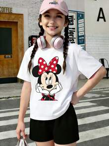 Disney Shining Boy (Double-Sided Print): Minnie Mouse Cartoon Print, A Casual And Simple Short Sleeved T-Shirt Suitable For Spring And Summer Seasons, Suitable For Boys And Girls To Wear. - White - View 2