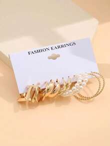6 Pairs Minimalist Elegant C‑Shape Faux Pearl Metal Earrings, Gold Fashion Jewelry - Multicolor - View 2