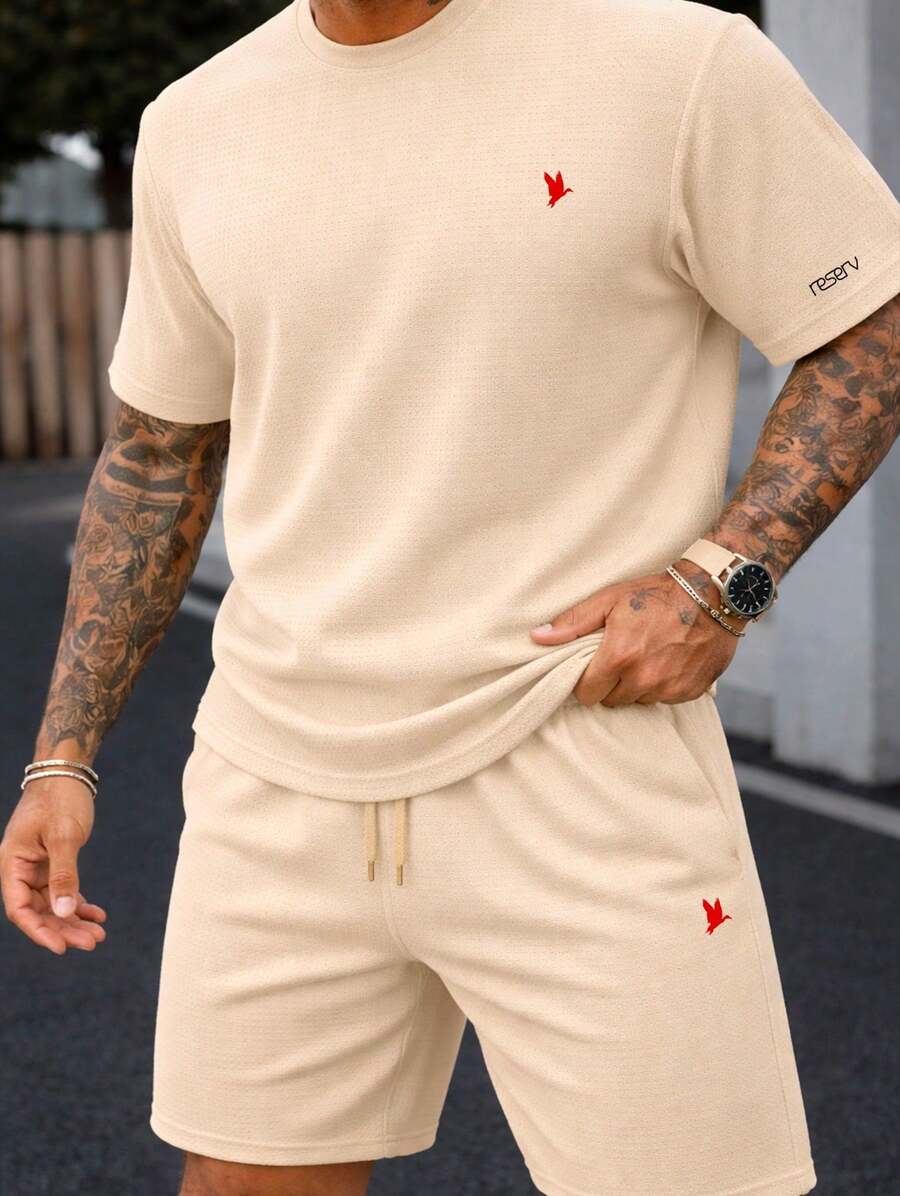 Textured T-Shirt And Shorts Set, 2-Piece Kit, New Release, Premium Fabric - Beige - View 1