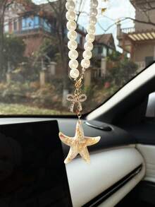 Creative Faux Pearl Car Hanging Ornament Rose Flower Car Pendant Rearview Mirror Decoration Starfish Car Accessory - A - View 5