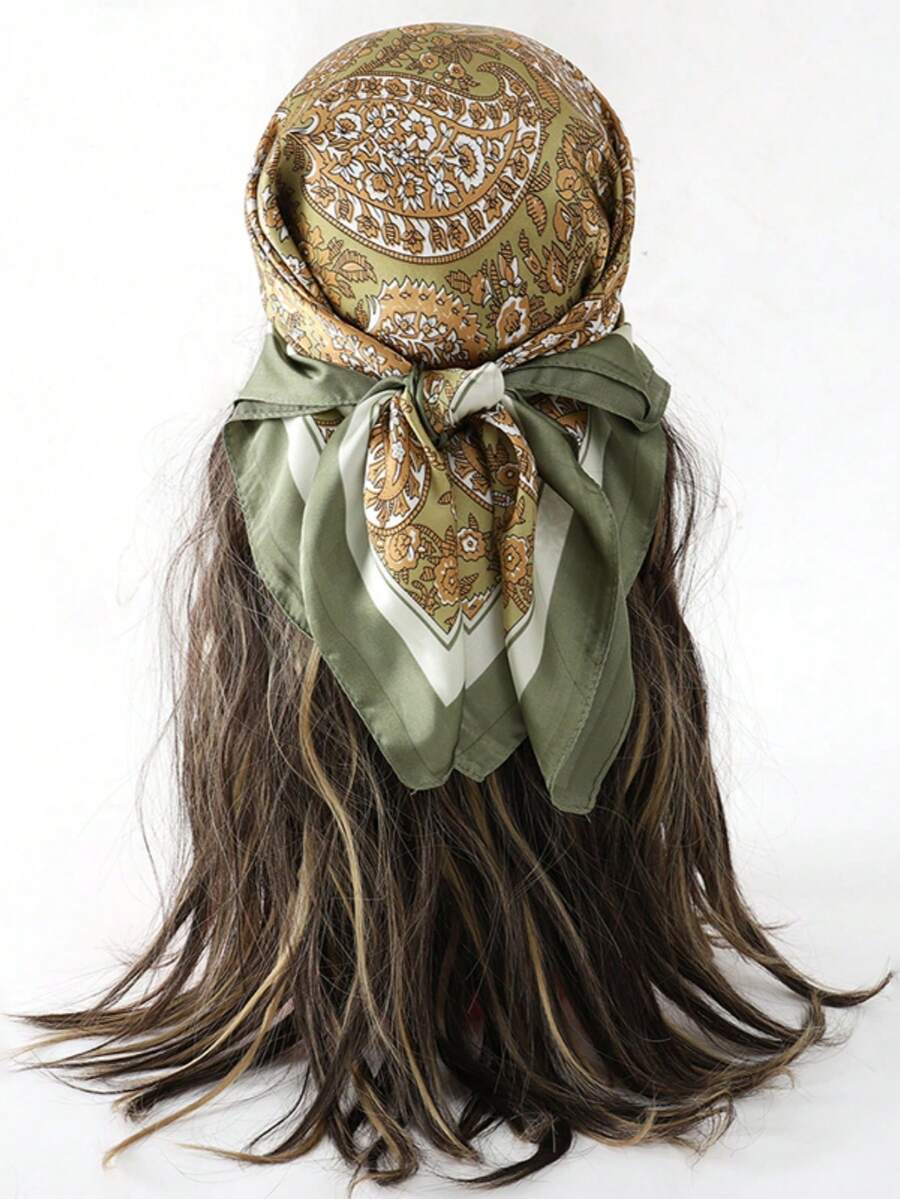 1条新款波西米亚风佩斯利印花头巾，女士时尚防晒围巾，适合日常佩戴和度假必备发饰，夏季发带沙滩头巾 - 綠色 - 查看 1
