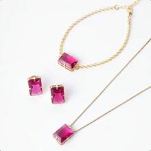 Women's Gold-Plated Costume Jewelry Set: Necklace, Bracelet, Earrings With Rectangular Cubic Zirconia. - Hot Pink - View 1