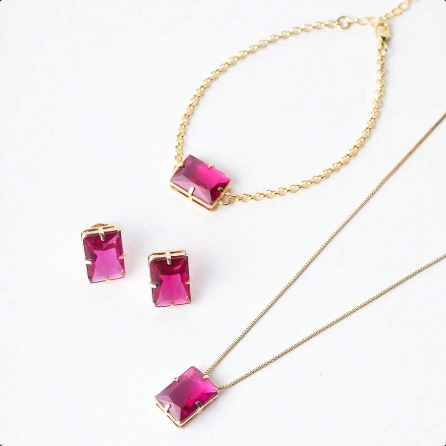 Women's Gold-Plated Costume Jewelry Set: Necklace, Bracelet, Earrings With Rectangular Cubic Zirconia. - Hot Pink - View 1