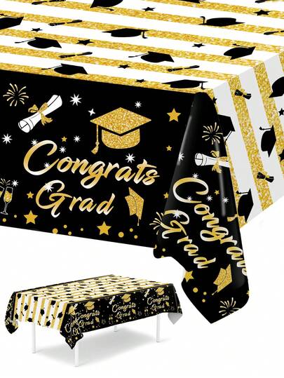 1Pc Balck Gold Graduation Tablecloth, 220*130cm Disposable PE Table Cover, Congrats Grad Table Cloth,Class Of 2026 Graduation Party Supplies,Graduation Party Decor,Congratulations Graduation Celebration Decor,Graduation Gifts,Graduation Season Table Cloth,Graduation Decorations 2026,Home Decor,Kitchen Decor,Table Decor,Tabletop Decor