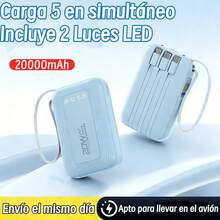 20000mAh Mini Power Bank, Batería Portátil con 2 Luces LED para Exteriores y Apagones - Powerbank que Carga 5 Dispositivos Simultáneamente - Cargador Portatil Incluye 4 Cables - Azul - Ver 12