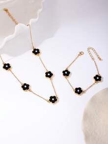 2件套 时尚百搭优雅金属花朵四叶草水钻首饰套装 - 项链和手链 - 黑色 - 查看 3