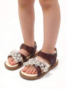 1双女童棕色凉鞋，防滑平底凉鞋，珍珠蕾丝饰边魔术贴公主鞋，适合夏季郊游、休闲聚会、日常穿着、婚礼和派对等场合。 - 棕色 - 查看 7