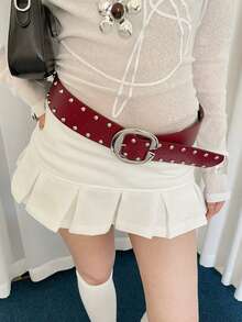 1pc Women's Red PU Material Street Style Double Row Rivet Punk Solid Color Versatile Wide Waist Belt - Red - View 5