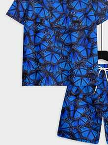 Two-Piece, Elegant And Eye-Catching, Knitted Fabric, Full Texture, Men's Banquet Attire, Summer Yacht Outings, Black Background With Blue Butterfly All-Over Print, Men's Short-Sleeve Beach Pants Set - 彩色 - 查看 6