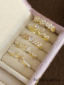 5件套优雅精致仿珍珠和锆石心形蝴蝶结可调节戒指套装，独特设计，适合日常、派对、聚会佩戴（不含礼盒） - 金黃色 - 查看 3