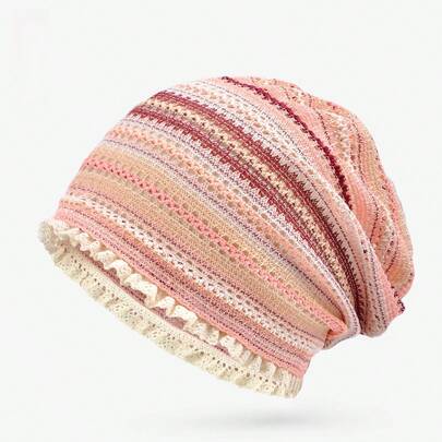 1pc Women's Hollow Out Knit Hat - High Color Lace Single Layer Mesh Loose Hat - Breathable Thin Windproof - Striped Loose Hat, Spring/Summer