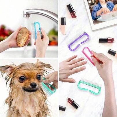 4pcs Portable Manicure Brush Set | Assorted Size Nail Polish Brushes, Cleaning Brush, Dust Removal Brush, Multi-Functional, Random Color, Pet Bathing & Cleaning Brush