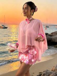 Bộ đồ nữ mùa xuân/hè tay cánh dơi cổ chữ V đính sequin, size tiêu chuẩn, màu hồng, thích hợp cho kỳ nghỉ. - Hồng - Xem 5