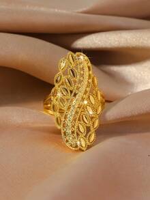 1枚镂空叶子设计优雅婚礼派对戒指，新娘首饰，阿拉伯风格礼物 - 金色 - 查看 1