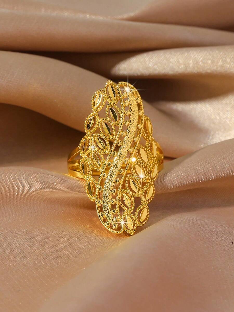 1枚镂空叶子设计优雅婚礼派对戒指，新娘首饰，阿拉伯风格礼物 - 金色 - 查看 1