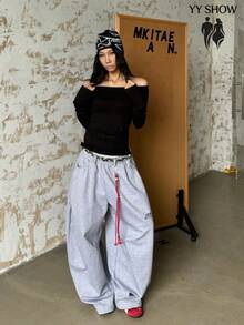 Curved Silhouette Jersey Pants For Men And Women. High-Quality Street Style, Loose Fit, Wide Leg, Unisex, Thick Sweatpants For Fall And Winter. - 灰色 - 查看 6