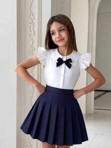 Falda plisada elegante de uniforme escolar para niñas con pantalones cortos de incorporados, falda básica de uniforme escolar para actuaciones, fiestas, vuelta al colegio, azul marino - Azul Marino - Ver 2