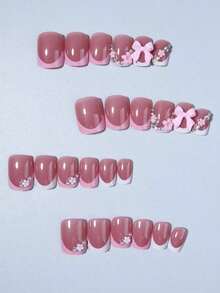 24Pcs Short Square French Tip Press On Nails Short 3D Flower With Rhinestones Fit Perfectly Acrylic Fake Nails Set, Contain 1Pc Jelly Glue And 1Pc Nail File, French Tip Nails For Woman & Girl Daily Wear Rave Party Use Nail Supplies Nails G0TG - 彩色 - 查看 6